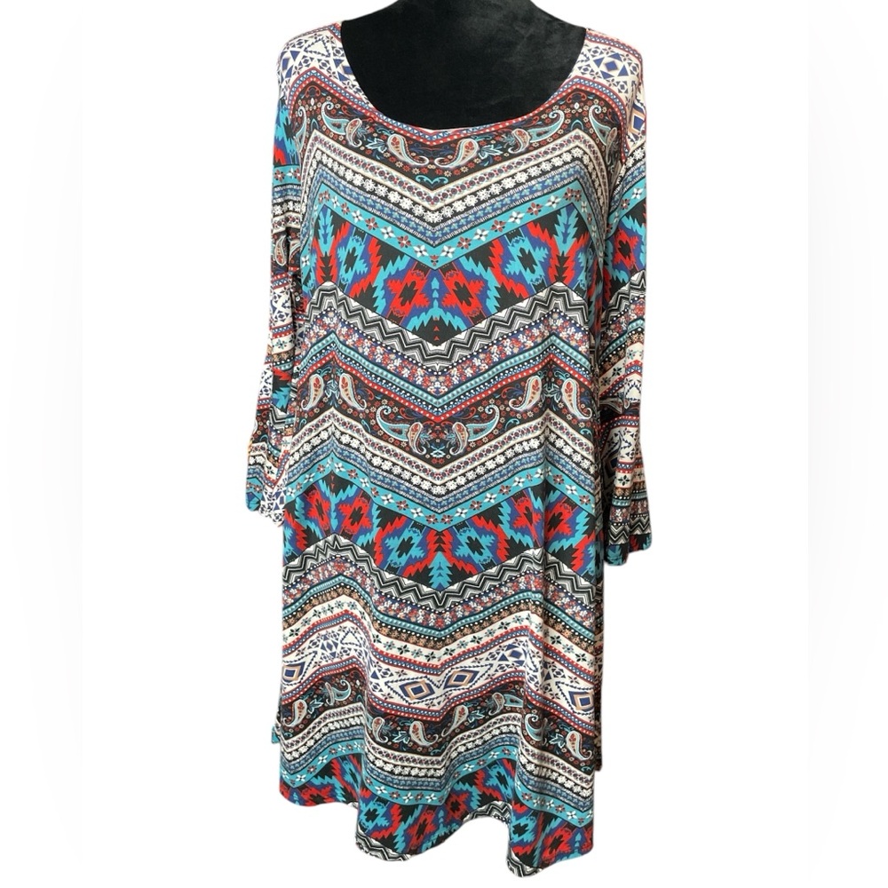 Urban Rose Black Lace Back Zig Zag Tribal Pattern Dress-Blue, Red, Black, White